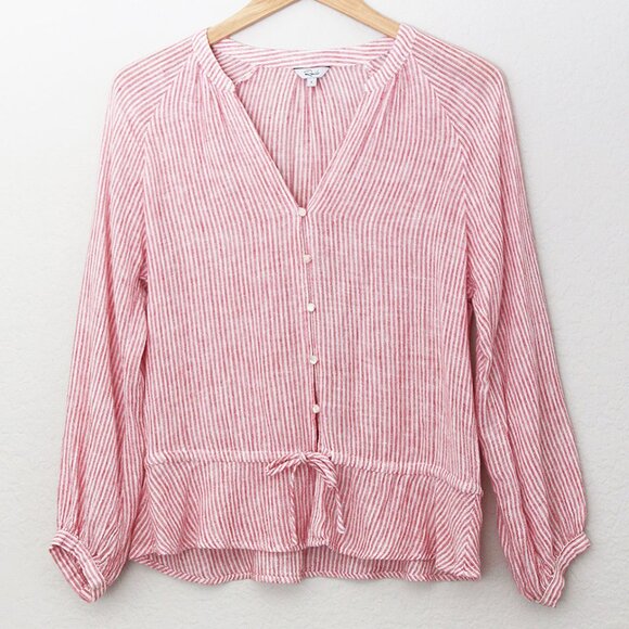 Rails Marti Scarlet Stripe Blouse S Linen Blend V Neck Tie Waist Coastal $158 - Picture 3 of 15